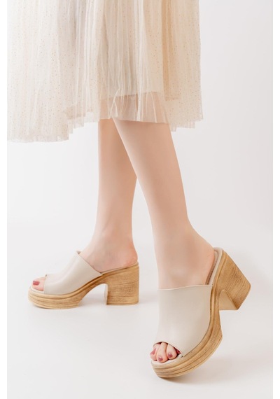 Asmi Shoes Kadın Siyah Ortopedik İç Taban Topuklu Terlik 9cm Krem Krem
