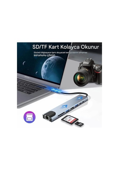 Tablet Usb Dönüştürücü Typ c usb Type Hub 8 in 1 Hdmı Sd Micro Apple Uyumlu MacBook Pro Air