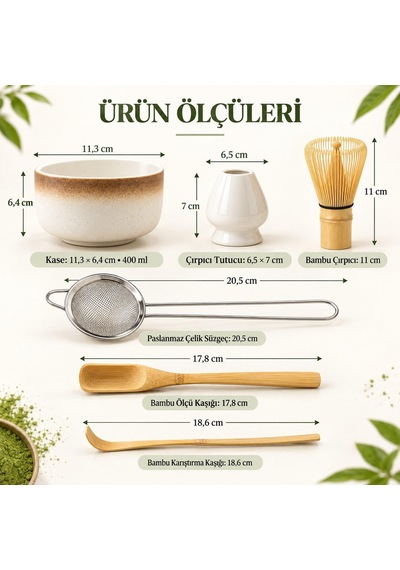 Valkyrie 6 Parça Matcha Hazırlama Seti Bambu Çırpıcı Seramik Kase Süzgeç Ölçü Ve Kaşık Kahve Kahverengi