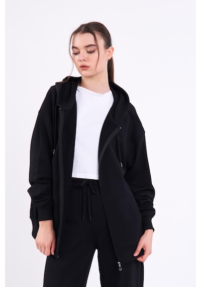 MMetalic Siyah Kanguru Cepli Kapüşonlu Fermuarlı Oversize Kadın Sweatshirt Mtlcb73 Siyah