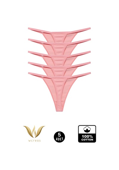Wcreas Kadın İpli Tanga, Pamuklu Yumuşak Kumaş G-string Tanga 5'li Paket Somon Somon