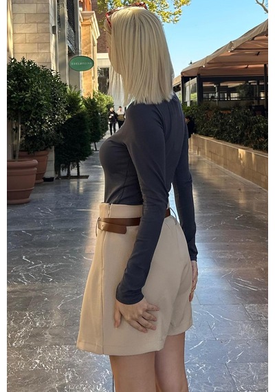 Madmext Ekru Pileli Kemerli Şortlu Kadın Etek Mg2247