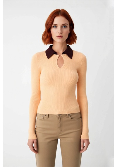 Frm Kadın Fitted İnce Polo Yaka Triko Body Kazak Fitilli Dokuma Basic sarı