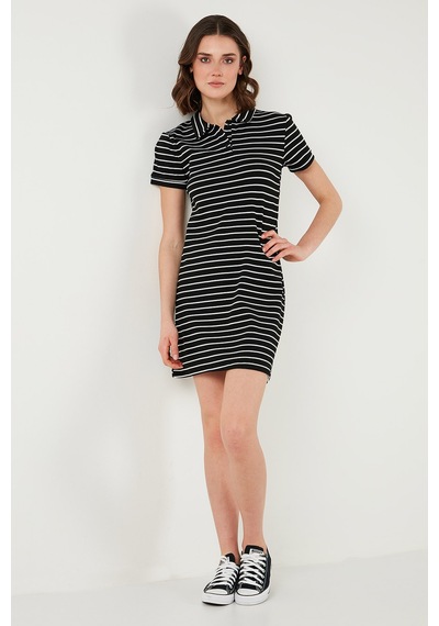 Lela Çizgili Slim Fit Mini Boy Düğmeli Polo Yaka Kısa Kollu Bayan Elbise 5866151 Siyah-Beyaz