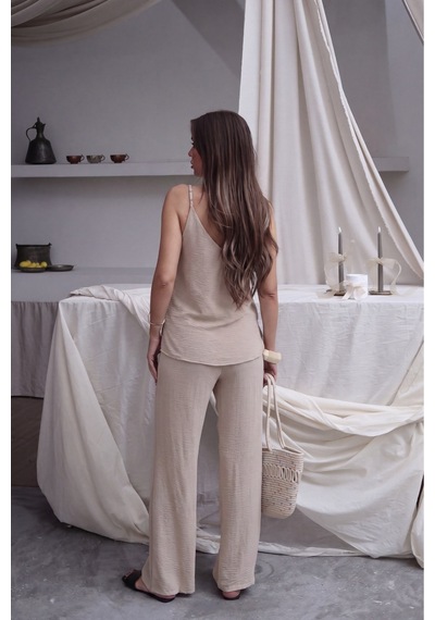 Paw Garage Kadın Shay Askılı Bluz Bol Paça Pantolon Yazlık Alt-üst Takım Bej