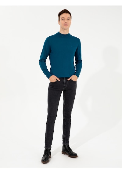 Cacharel Petrol Slim Fit Çeyrek Balıkçı Yaka Basic Triko Kazak