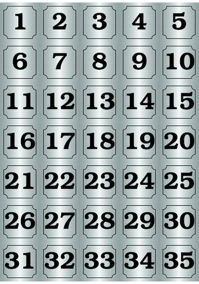 Kapı, Masa, Dolap Numarası Metal Yapışkanlı Gümüş Rengi 1-35