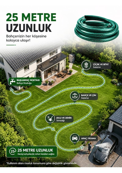 Beylini 1/2" 25 Metre Örgülü Bahçe Hortumu Balkon Bahçe Sulama Temizlik Araç Yıkama Su Hortumu Dolanmaz Kırılmaz Yeşil