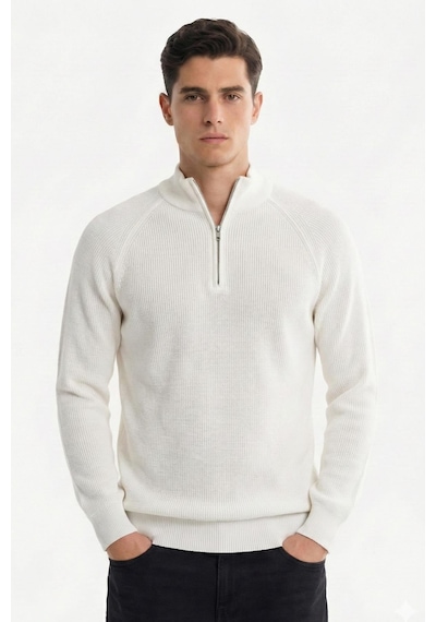 Sabri Özel Erkek Ekru Dar Kesim Slim Fit Dokulu Örme Fermuarlı Yarım Balıkçı Yaka Triko Kazak Kemik Sabri Özel Erkek Ekru Dar Kesim Slim Fit Dokulu Örme Fermuarlı Yarım Balıkçı Yaka Triko Kazak Kemik