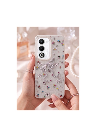 Oppo A5 4g/5g Taşlı Desenli Fiyonk Silikon Kılıf Gri