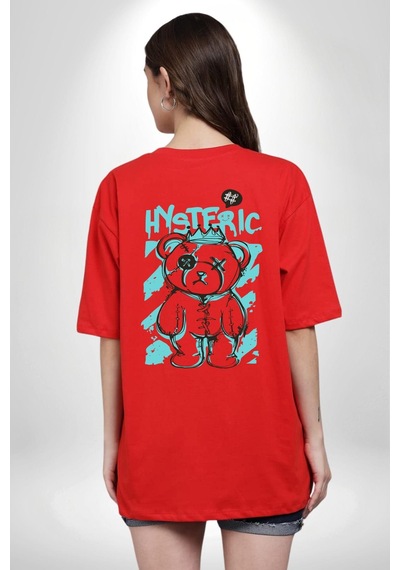 Histerik Kırmızı Oversize Unisex Ön Ve Sırt Baskılı Tişört Kırmızı