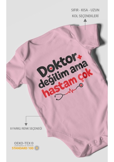 Morivokids Doktor Değilim Ama Hastam Çok Kısa Kollu Bebek Body %100 Pamuk Koyu Pembe