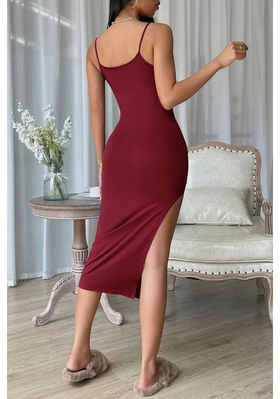Ang Butik Kadın Bordo Yırtmaçlı Diz Altı Vücüdu Saran Gecelik