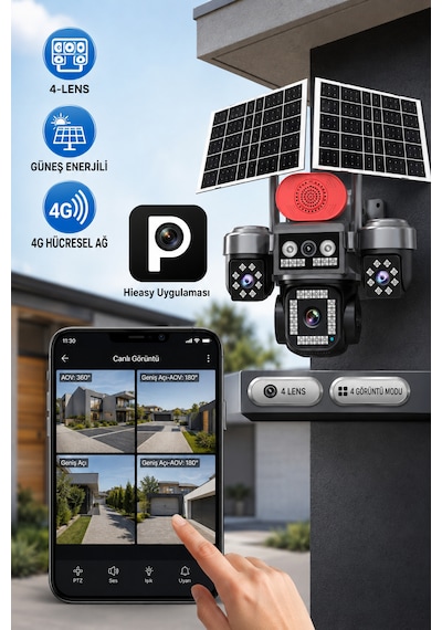 Viva Sim-840 Çift Güneş Panelli 4g Sim Kartlı Kablosuz 4 Lensli Dış Mekan Güvenlik Kamerası 16mp Ptz 96 Gb Sim Kart Dahil