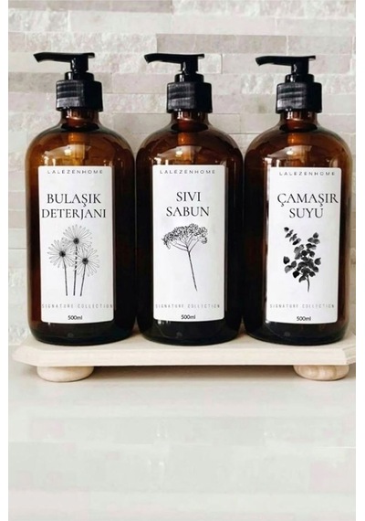 Lalezen Home Sıvı Sabunlukluk Bulaşık Deterjanı Çamaşır Suyu Etiketli Plastik Amber Şişe 500ml