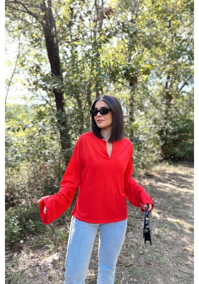 WeShaya Kadın Kırmızı Uzun Kol, Duble Manşet, Yırtmaçlı Yaka, Salaş Sweatshirt Bluz Kırmızı WeShaya Kadın Kırmızı Uzun Kol, Duble Manşet, Yırtmaçlı Yaka, Salaş Sweatshirt Bluz Kırmızı