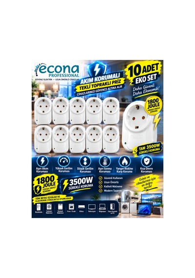 10 Adet--3500w Akım Korumalı Tekli Topraklı Priz 10'lu Eko Set - 1800 Joule Yüksek Gerilim & Aşırı Akım Korumalı Çoklu Paket 0