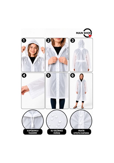Mainshop Unisex Yağmurluk Kapüşonlu Çıtçıtlı Su Geçirmez Uzun Yağmurluk Kadın Erkek Beyaz