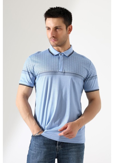 Rıbana Classıc Fermuar Detaylı Desenli Pamuklu Polo Yaka T-shirt Mavi