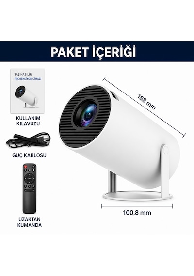 Unınet Bluetooth Android 11 Taşınabilir Ev Sineması Akıllı Projeksiyon Cihazı Beyaz