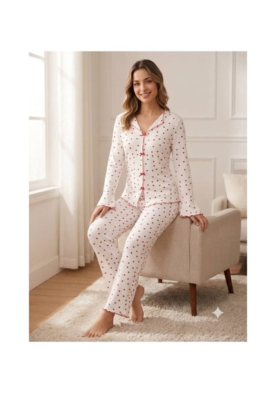 Kadın Uzun Kollu Desenli Fiyonk Detaylı Kaşkorse Kumaş Pijama Takımı Beyaz Kalp