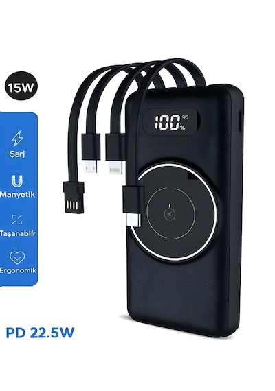 10000mah Pd 22.5w Kablosuz & Kablolu Powerbank Wireless 15w, Usb, Micro & Type-c, Apple Uyumlu iPhone  Siyah - Siyah