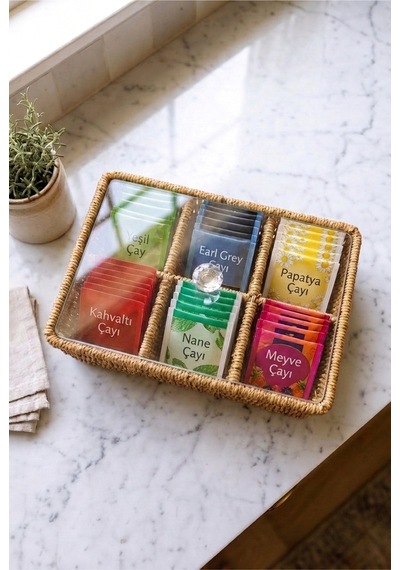 6 Bölmeli Rattan Düzenleyici Organizer Bitki Çayı Sepeti Şeffaf Kristal Kapaklı Rattan Saklama Kutusu Çay Poşeti Organizeri Kristal Kulplu 24,5 X 17 X 10 Cm Kahverengi Kahverengi