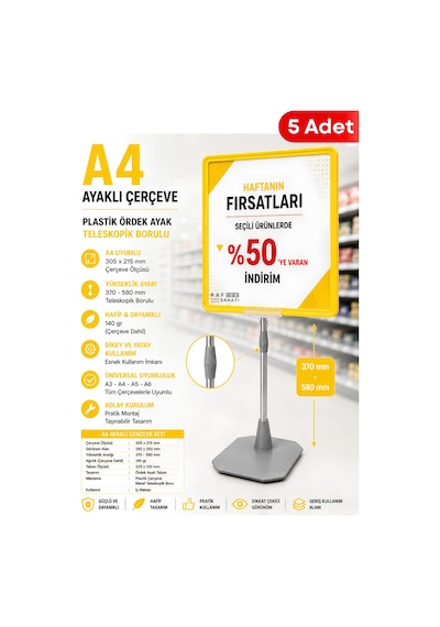 5 Adet - A4 Ayaklı Fiyat Etiketlik Teleskopik Borulu Çerçeve Etiketlik Yönlendirme Levhası Menü Panosu Sarı