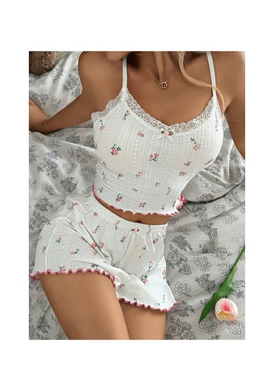 Mr Owl Kadın Beyaz Çiçek Desenli Dantel Askılı Şortlu Pijama Takımı