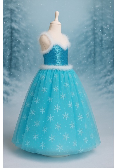 Parti Selesi Kız Çocuk Askılı Tarlatanlı Taç Asa Eldiven Hediyeli Mavi Elsa Elbise Frozen Mavi