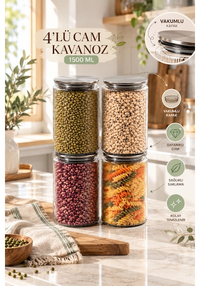 Porsima S-2087 4'lü Çizgili Cam Kavanoz Seti 1500 Ml Metal Vakum Kapaklı Mutfak Kiler Erzak Ve Bakliyat Saklama Kabı Cam - Şeffaf