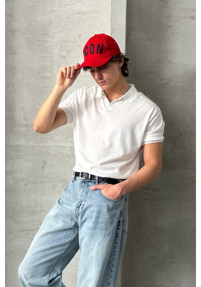 Erkek Oversize Pamuklu Polo Yaka Triko T-shirt Beyaz