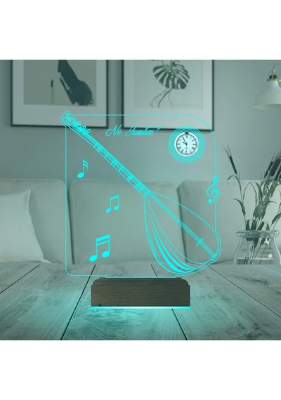 Luvivia Saz Bağlama Müzik Nota Tasarım Kişiye Özel Metal Saatli 3d Lamba - Masa Gece Lambası Şeffaf