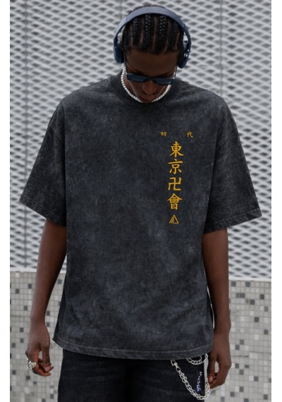 Tokyo Revengers Anime Sırt Baskılı Unisex Oversize Eskitme Yıkama Siyah