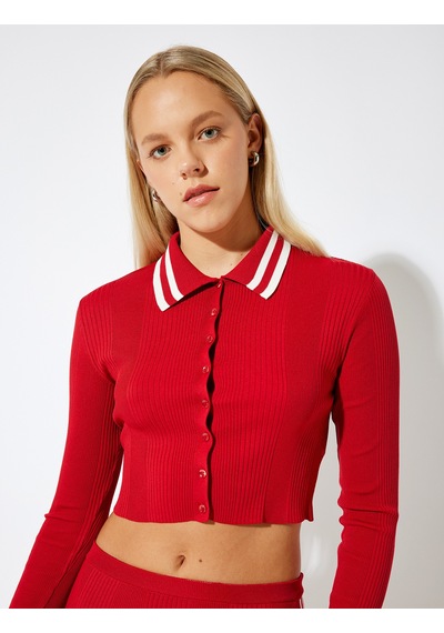 Koton Polo Yaka Biyeli Düğmeli Dokulu Slim Fit Hırka Kırmızı 5wal90087ıt Kırmızı