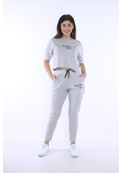 Kadın-alt-üst T-shirt Takım, Rahat Kesim-3826 - S Gri