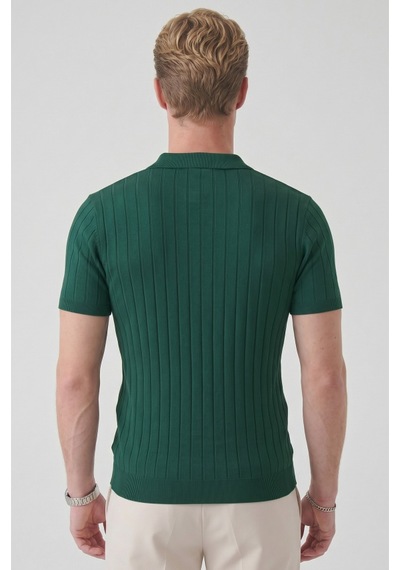 Deepsea Erkek Yeşil Polo Yaka Fermuarlı Çizgi Dokulu Regular Fit Likralı Triko Tişört 2608008