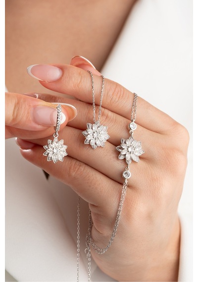 Çekirdekjewelry 925 Ayar Gümüş Lotus Çiçek Takı Seti Taşlı Kolye, Küpe Ve Bileklik Gri