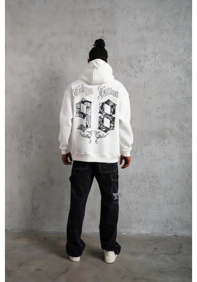 Barlashive Erkek 98 Baskılı Kapşonlu 3 İplik Pamuklu Sweatshirt Hoodie - Beyaz Çok Renkli