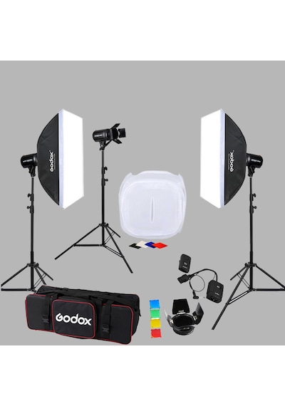 Godox E250 III W/S 3'lü Paraflaş Set + Çekim Çadırı 120x120 Cm