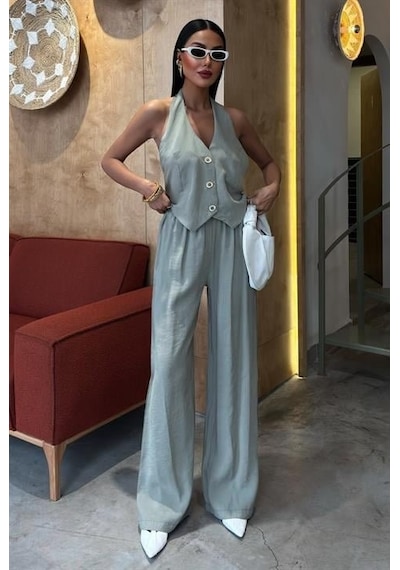Moderie Butik Halter Yaka Yelekli Modal Takım 10144 Oli Ve