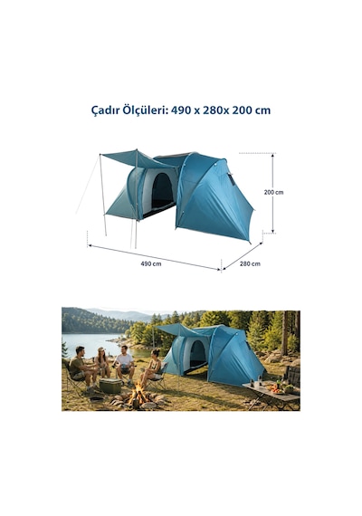 Walke 6 Kişilik Çift Bölmeli Aile Kamp Çadırı Su Geçirmez Polyester 490 X 280 X 200 Mavi