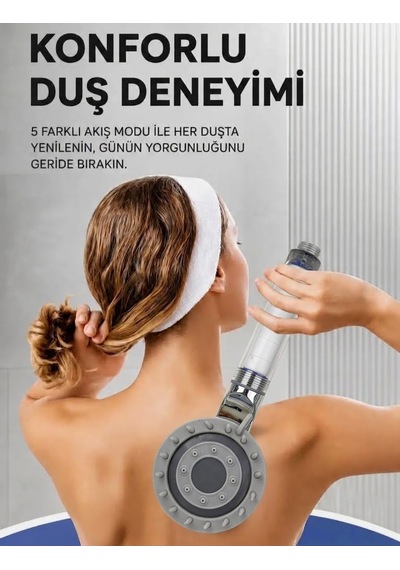 Yüksek Basınçlı Arıtmalı Masajlı 5 Fonksiyonlu Duş Başlığı 5 Adet Yedek Filtre Kireç Önleyici Tazyikli Su Tasarruflu Masajlı Banyo Başlık Seti Beyaz - Krom