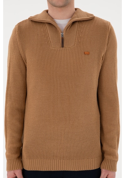 U.S. Polo Assn. Erkek Regular Fit Yarım Fermuarlı Camel Kazak 50297047-VR015