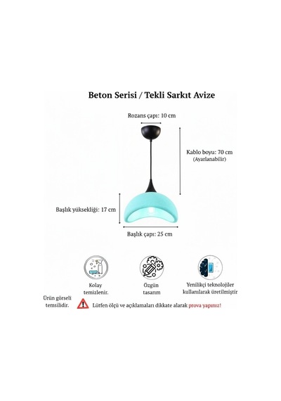 İskandinav Tarz Beton Görünümlü Bohem Tekli Sarkıt Avize - Mavi - Mutfak, Salon, Çocuk Odası, Hol Aydınlatması Bebek Mavisi