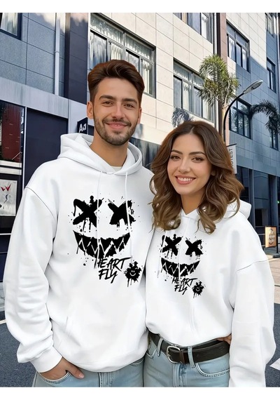 Nevermind Sevgili Kombini Oversize Hoodie Heart Fly Gülüş Baskılı 3 İplik Beyaz