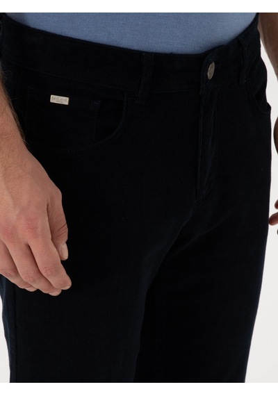 Cacharel Lacivert Straight Fit Pamuk Karışımlı İnce Fitilli Kadife Kanvas Pantolon