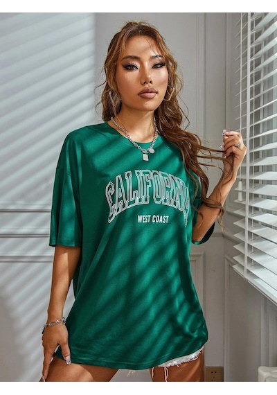 California W.c T-shirt - Yeşil Baskılı Oversize Bisiklet Yaka Kısa Kol Tişört Yeşil