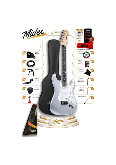Midex RPH-30SL Gül Klavye Silver Strat Kasa SSS Elektro Gitar Seti