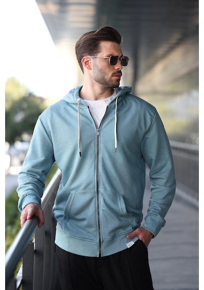 Madmext Soluk Mavi Fermuarlı Kapüşonlu Sweatshirt 6161 Mavi